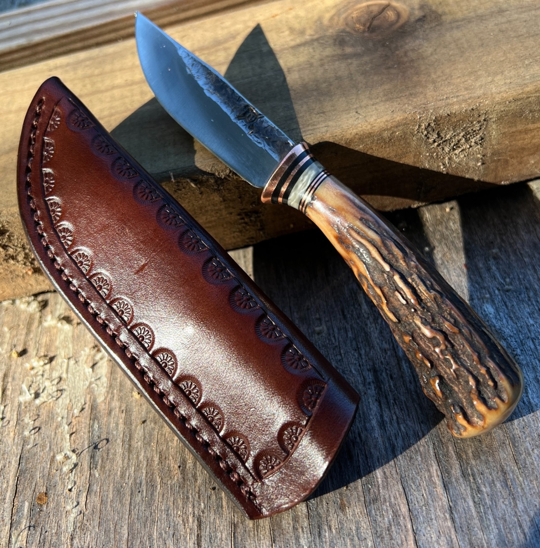 Fixed Blade Behring Made© Forged 3" EDC Sambar Stag, Musk Ox, and Copper Guard DH-2058