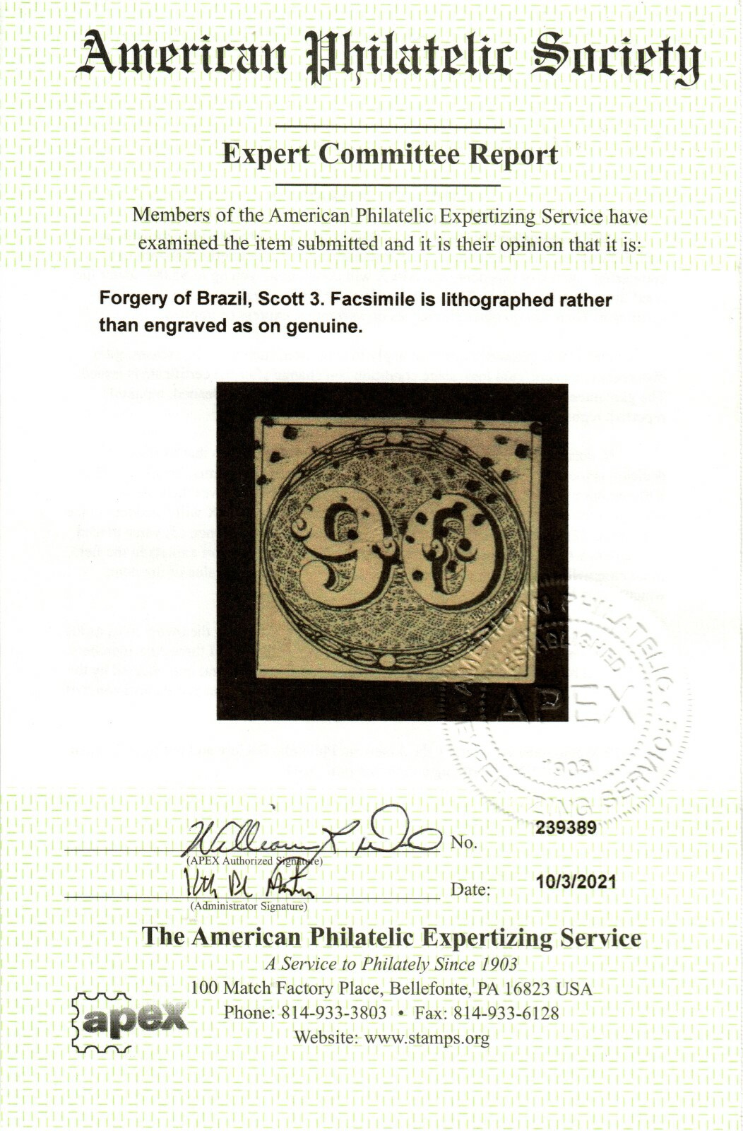 Brazil 3 1850 90R Numeral Forgery with APEX Cert - Image 3