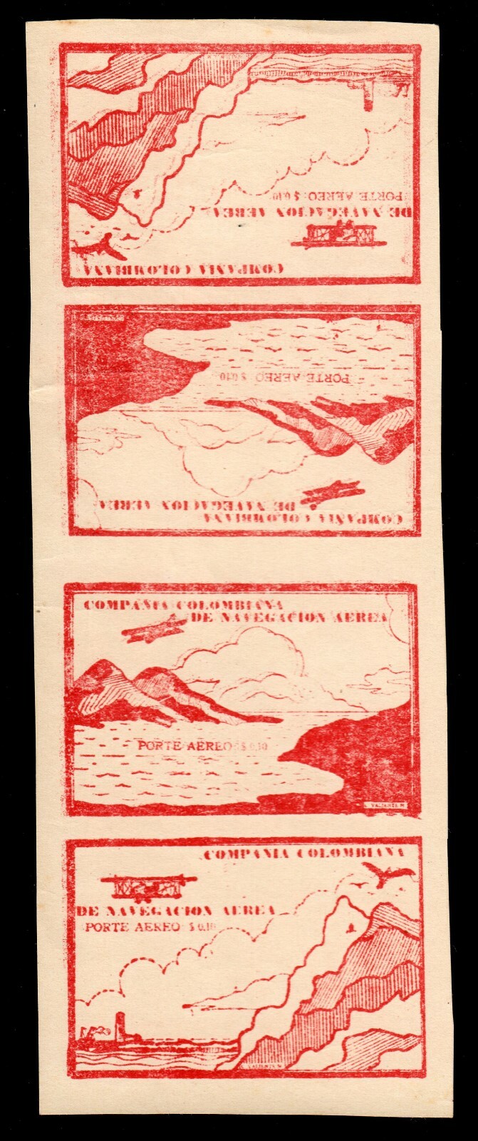 Colombia Air Post C11Cj 1920 10c Red Brown Tete-Beche Strip 4 VF MNH (CV $1,620) - Image 3