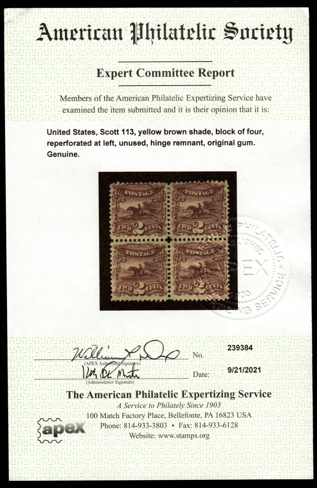 US #113 1869 2c Pictorials, Post Horse/Rider Block 4 MOG HR APEX (SCV $2,000) - Image 12