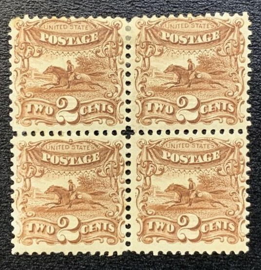US #113 1869 2c Pictorials, Post Horse/Rider Block 4 MOG HR APEX (SCV $2,000) - Image 3