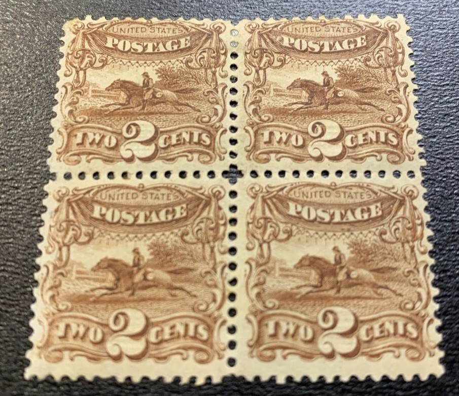 US #113 1869 2c Pictorials, Post Horse/Rider Block 4 MOG HR APEX (SCV $2,000) - Image 4
