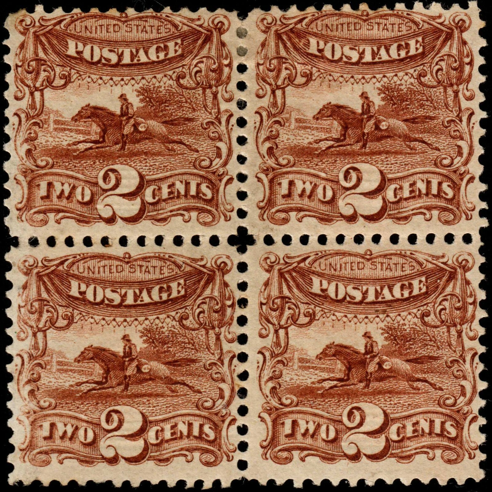 US #113 1869 2c Pictorials, Post Horse/Rider Block 4 MOG HR APEX (SCV $2,000)