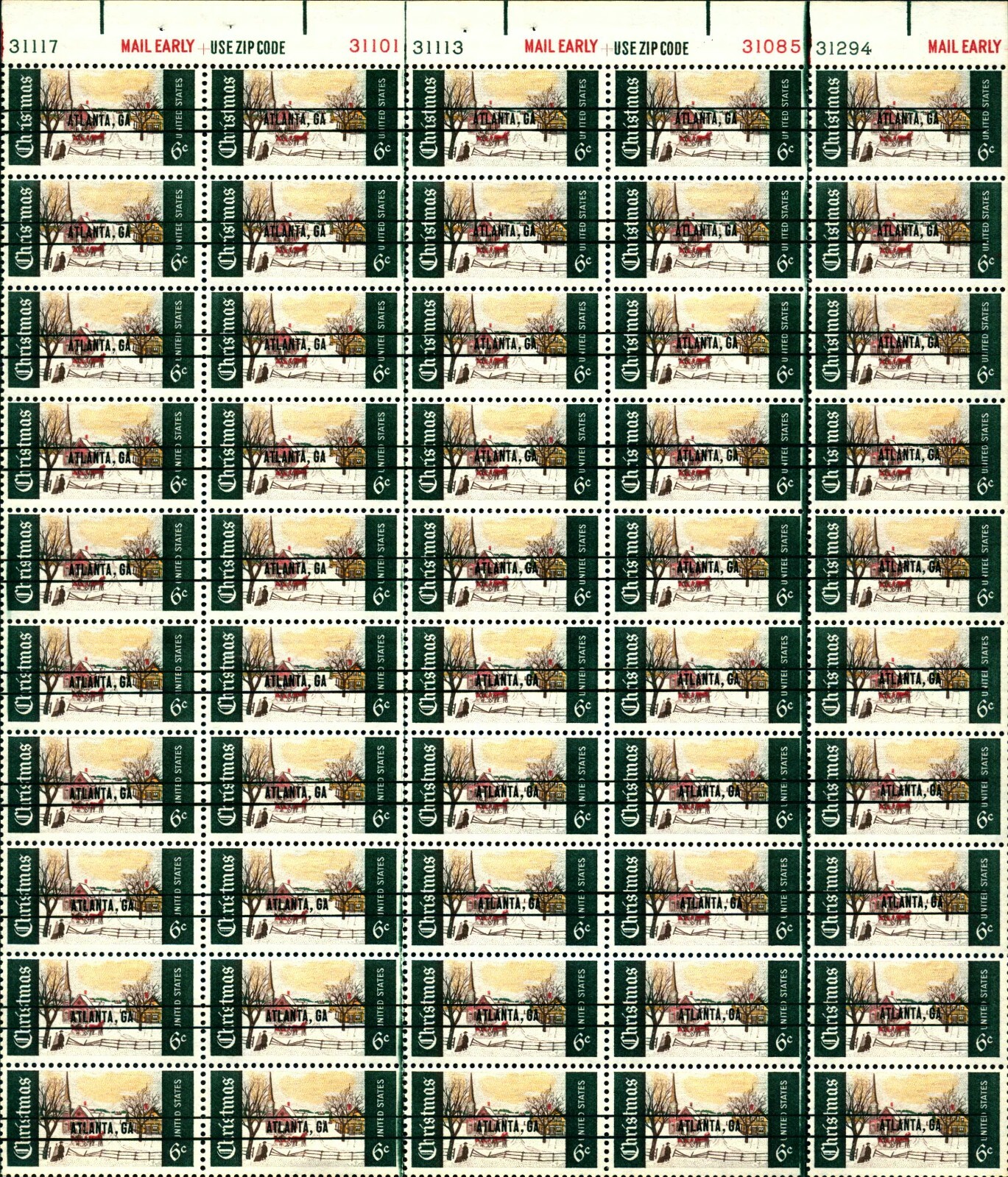 US #1384a 6c Christmas 'Atlanta, GA ' Precancel , Full Sheet. MNH F-VF