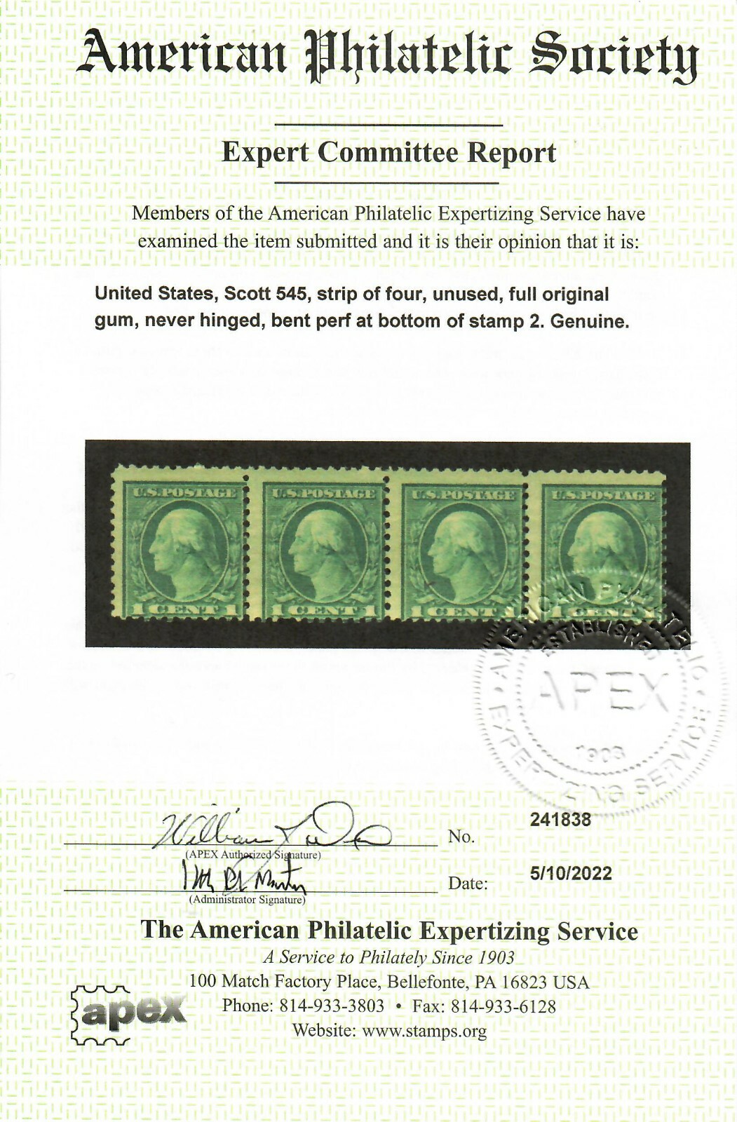 US #545 1921 1c Wash. Four Green Rotary Coil Waste/APEX Cert MNH (CV $1,900) - Image 4