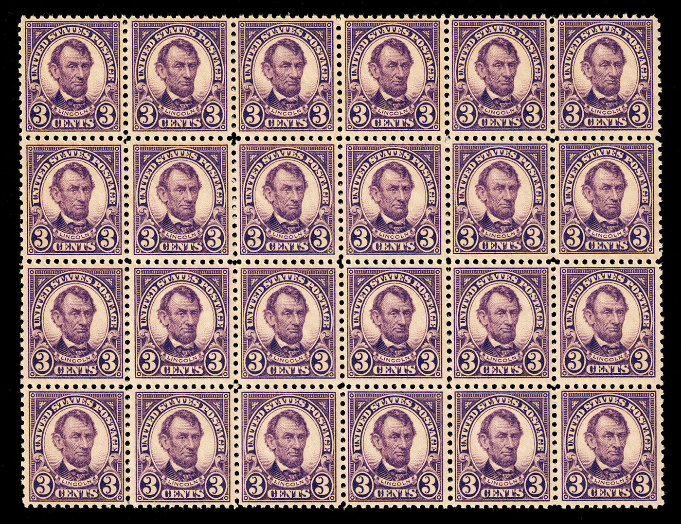 US #555 3c Lincoln Violet Block of 24 MNH VF-XF (CV $720 VF-XF)
