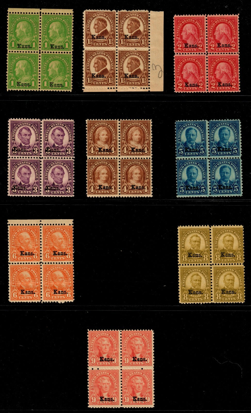 US #658-664,666-667 1929 Blocks of 4, *Kans.* Overprint MNH Fine (SCV $1,348)