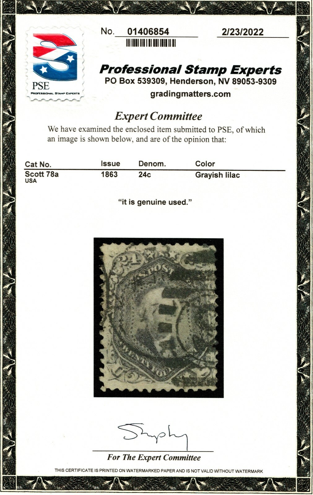 US 78a 1863 24c Wash. *Grayish Lilac* Multiple Cancels PSE Cert CV $425 - Image 10