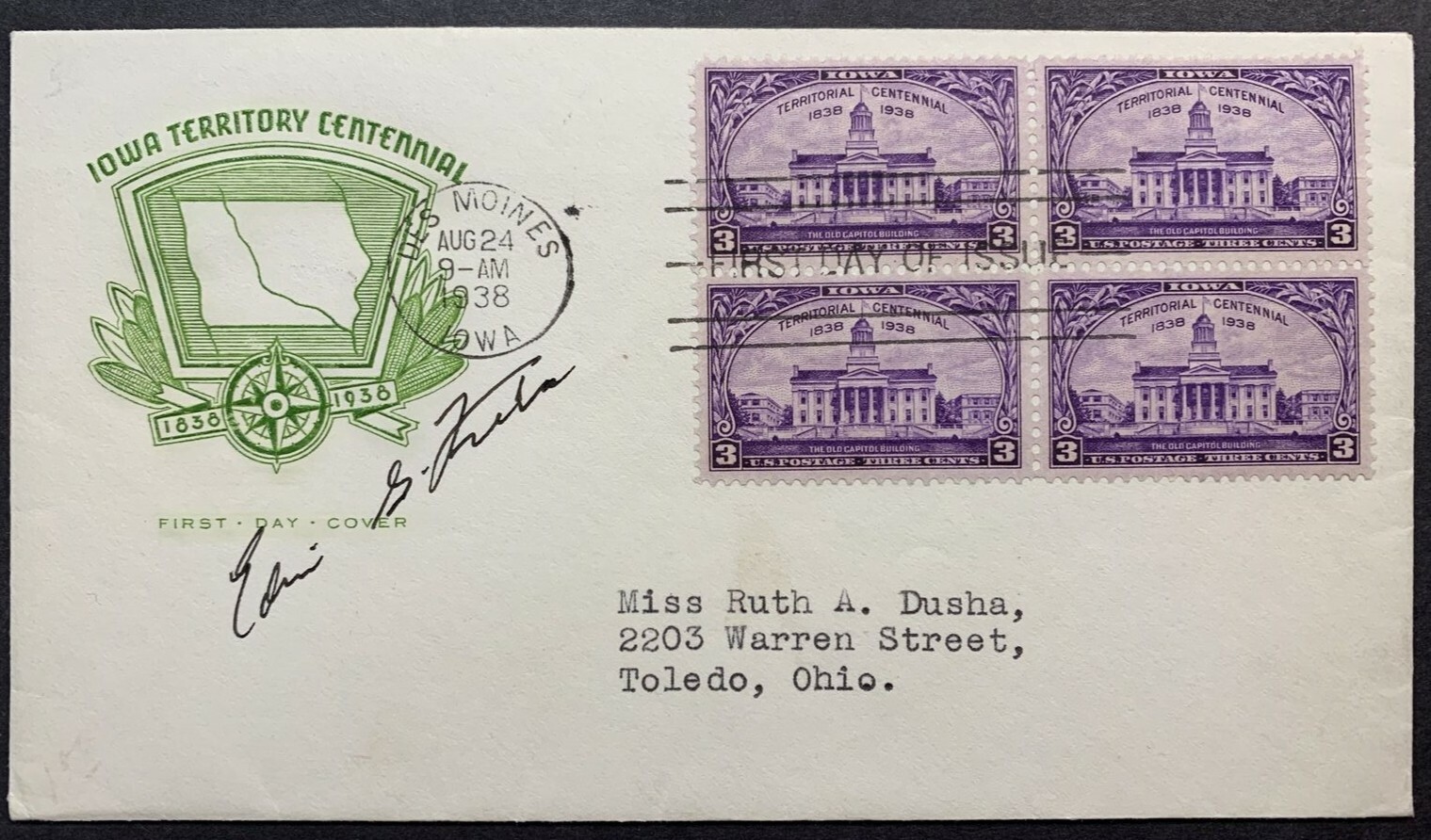 US #838 FDC 1938 3c Iowa Territory 100th. House of Farnam, Signed:Edwin G. Krebs - Image 3