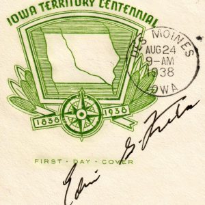 US #838 FDC 1938 3c Iowa Territory 100th. House of Farnam, Signed:Edwin G. Krebs