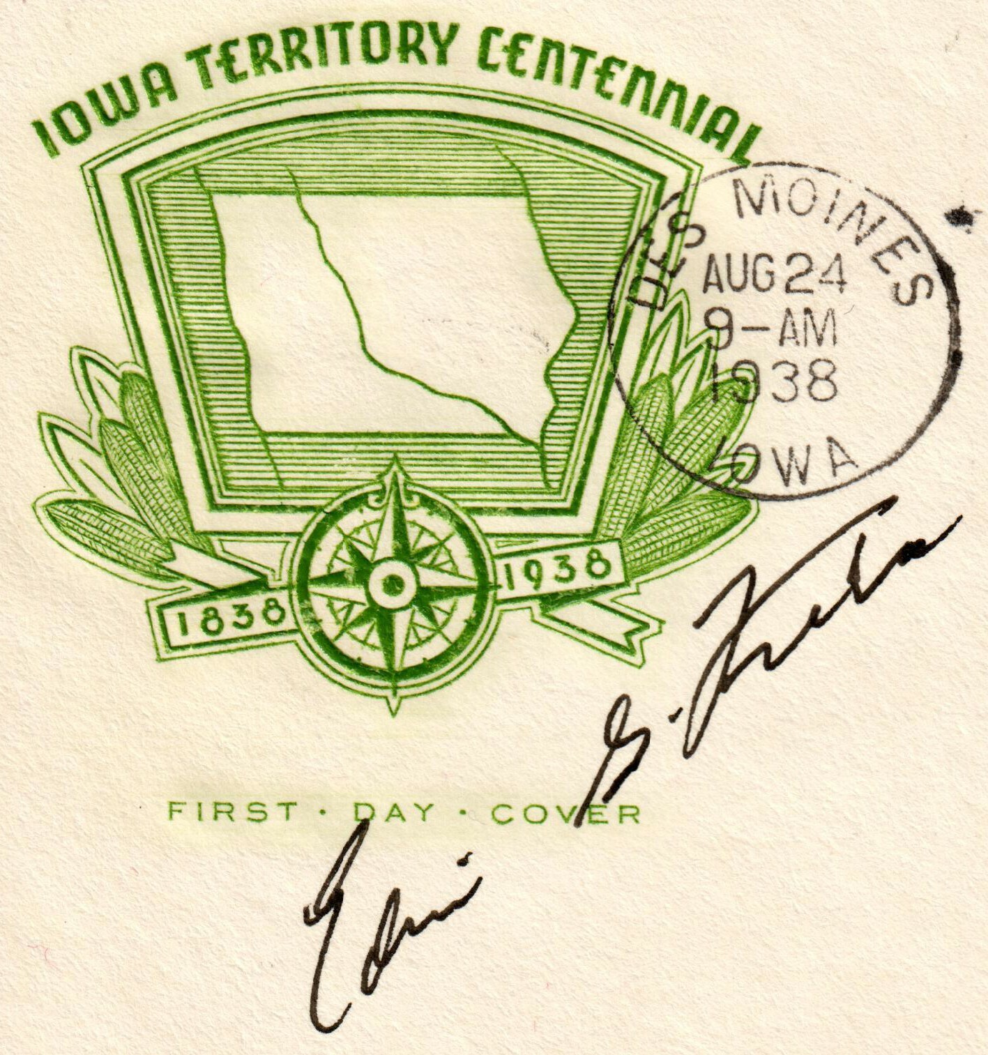 US #838 FDC 1938 3c Iowa Territory 100th. House of Farnam, Signed:Edwin G. Krebs