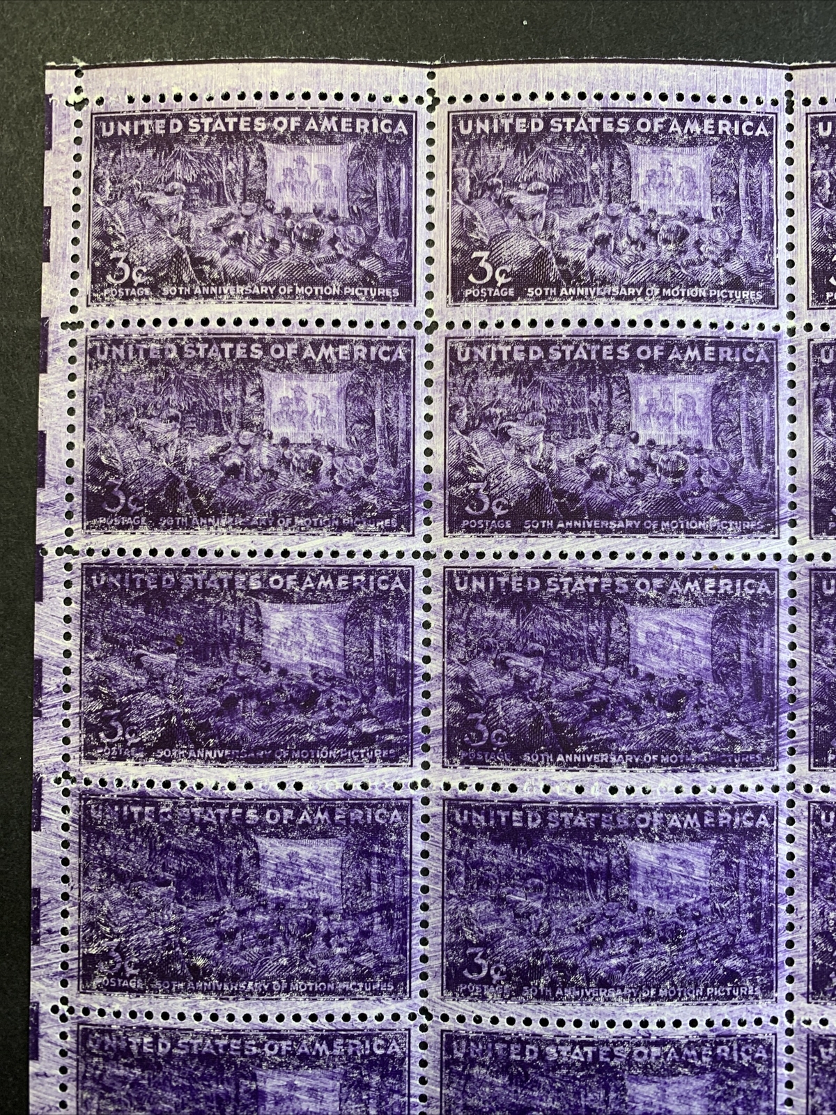 US #926 EFO 3c Motion Picture 50th. *Major Printer Smear*. F-VF MNH - Image 8