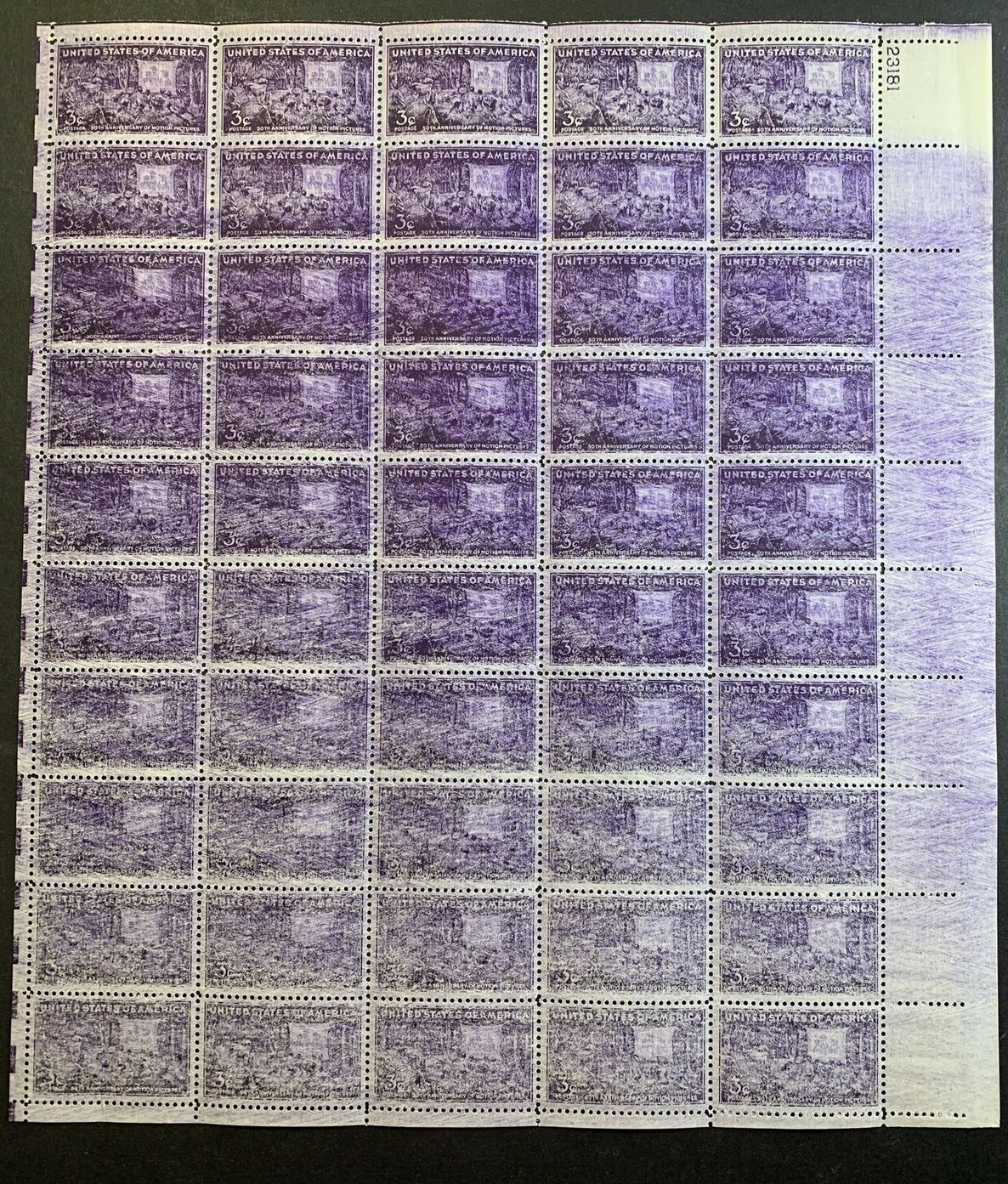 US #926 EFO 3c Motion Picture 50th. *Major Printer Smear*. F-VF MNH