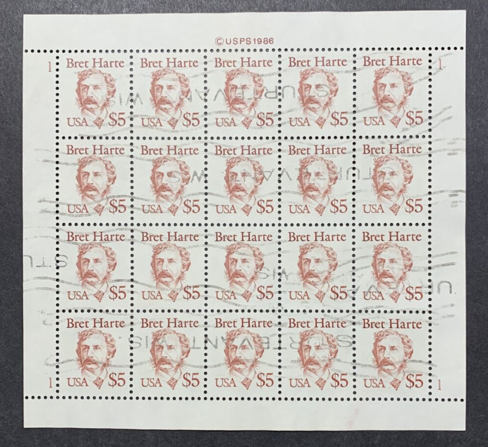 US 2196 1986 $5 Bret Harte Sheet Used Postmarked Sturtevant Wisconsin. KP-145 - Image 4