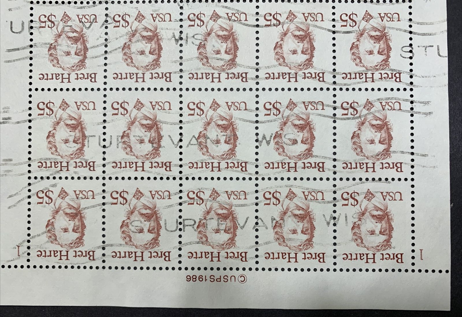 US 2196 1986 $5 Bret Harte Sheet Used Postmarked Sturtevant Wisconsin. KP-145 - Image 5