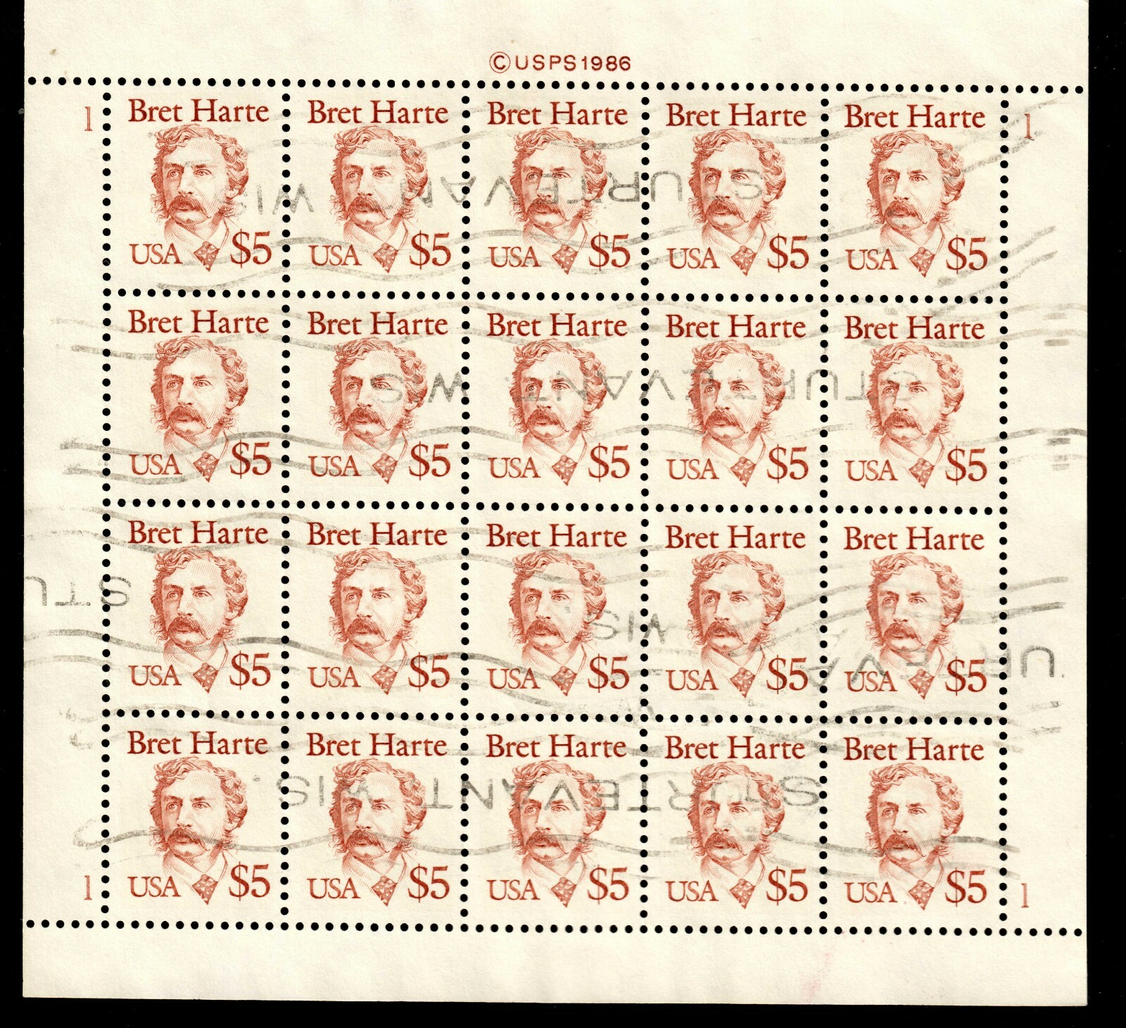 US 2196 1986 $5 Bret Harte Sheet Used Postmarked Sturtevant Wisconsin. KP-145