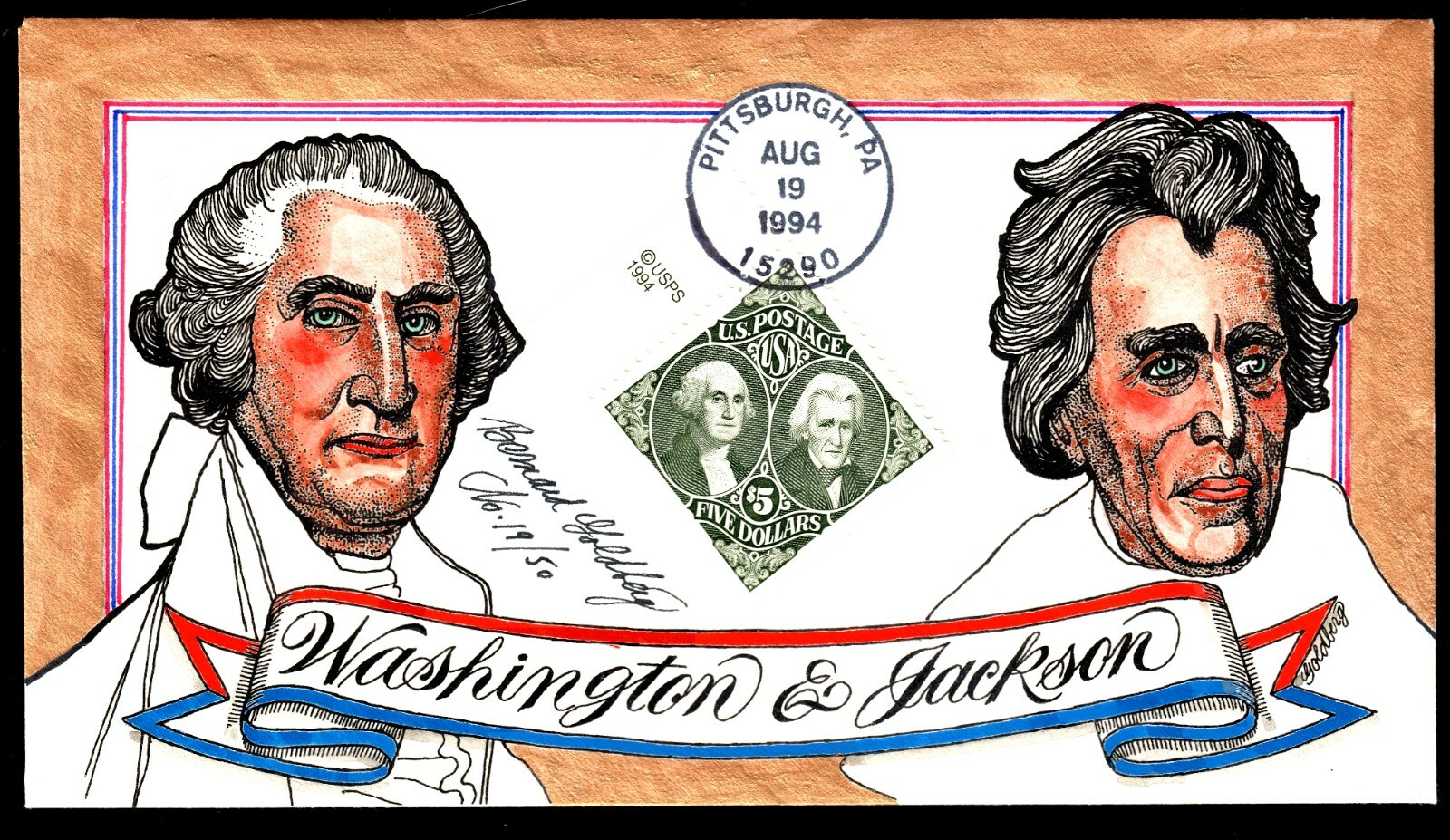 US #2592 FDC $5 Wash & Jackson. Goldberg, HP & Signed Cachet. Limited #19/50