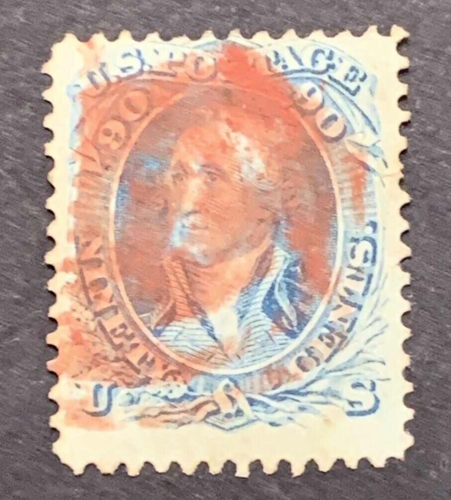 US #72 1861 90c Wash. No Grill. Used Red Cancel CV $725 KP-057 - Image 4