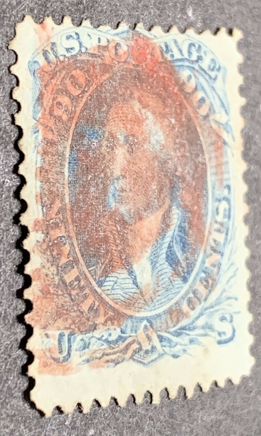 US #72 1861 90c Wash. No Grill. Used Red Cancel CV $725 KP-057 - Image 6