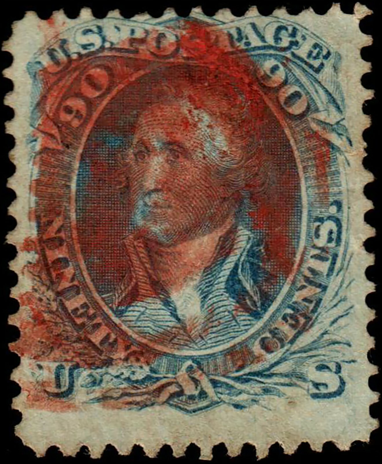US #72 1861 90c Wash. No Grill. Used Red Cancel CV $725 KP-057