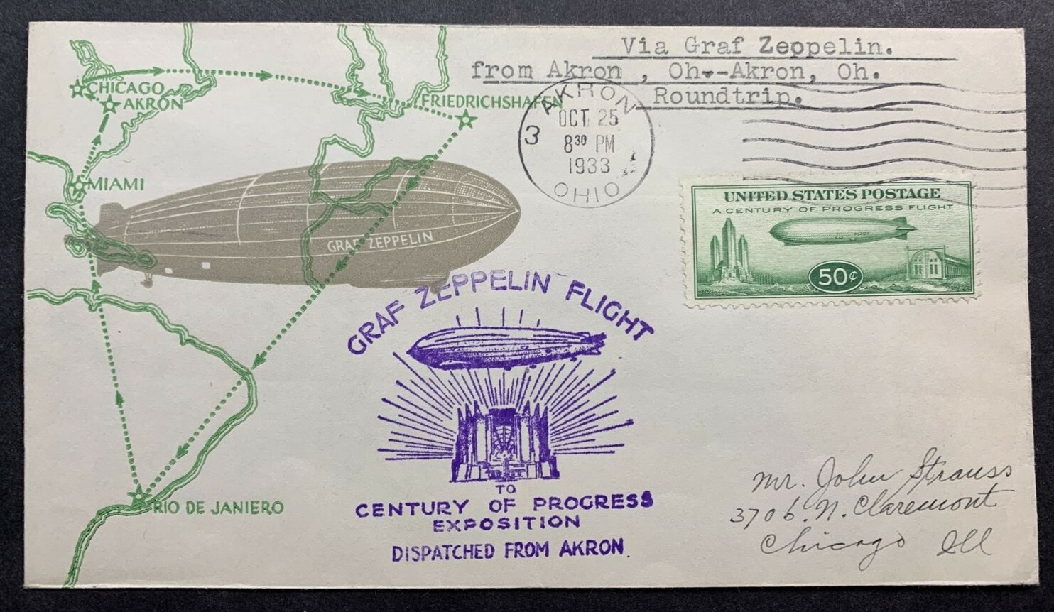 US #C18-8 1933 50c Baby Zep Linprint Cover. Akron, OH Roundtrip. (CV $350) - Image 3