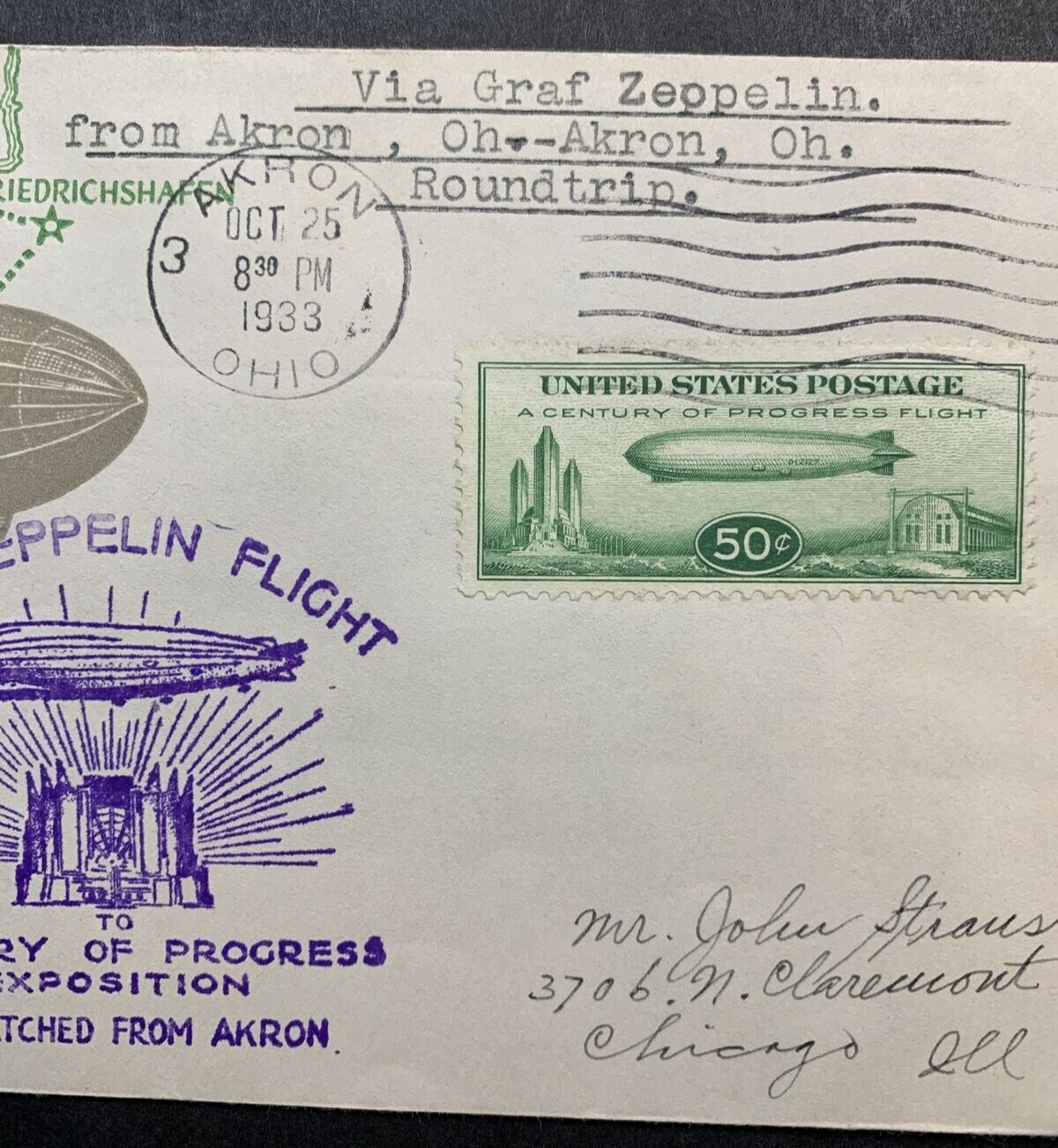 US #C18-8 1933 50c Baby Zep Linprint Cover. Akron, OH Roundtrip. (CV $350) - Image 4