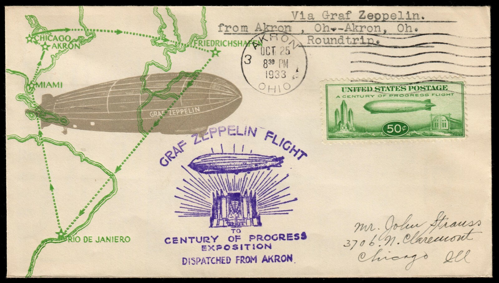US #C18-8 1933 50c Baby Zep Linprint Cover. Akron, OH Roundtrip. (CV $350)