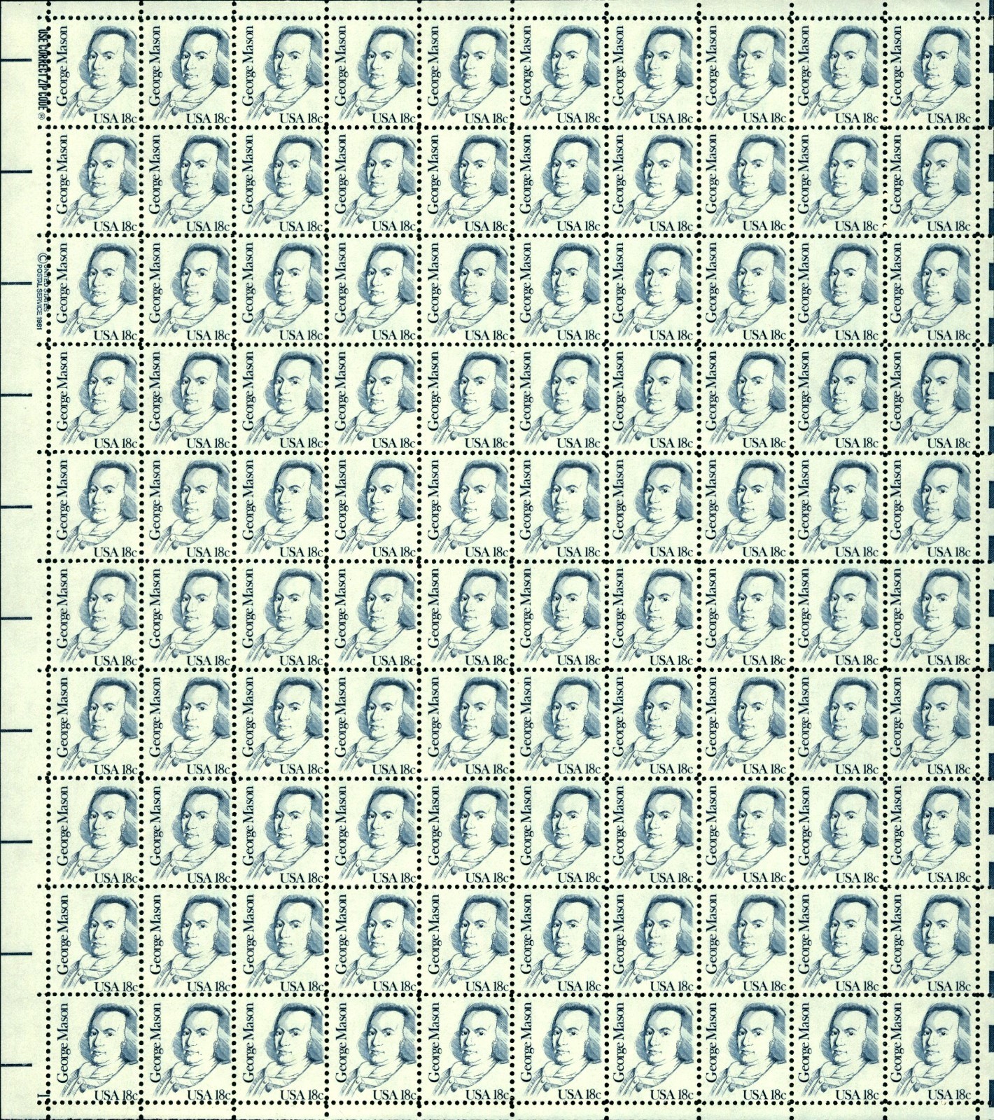 US #1858 18c George Mason Sheet MNH VF+ (CV $58 F-VF)