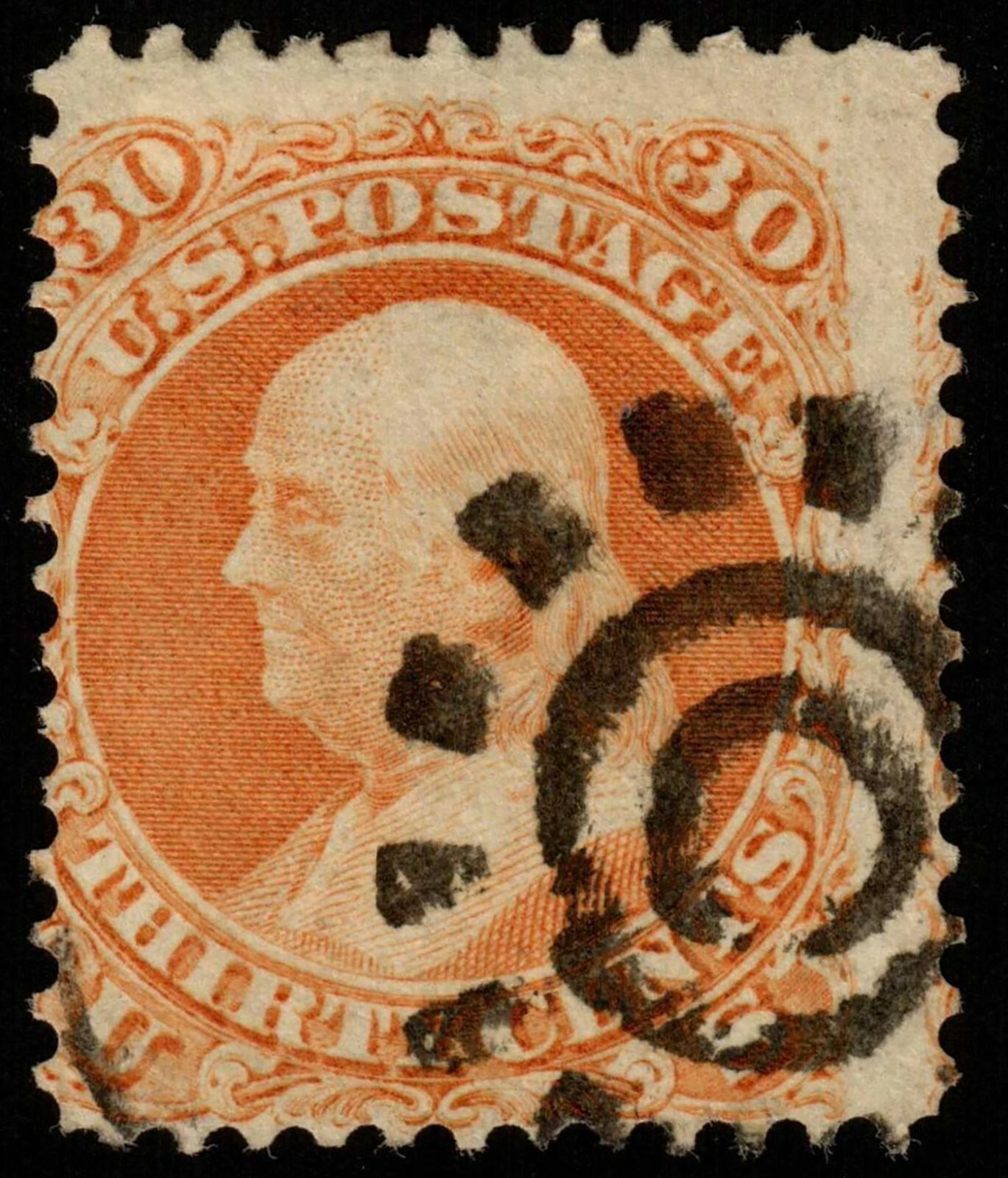 US 71 1861 30c Franklin With San Francisco Cogwheel Cancel SCV $210+. KP-153