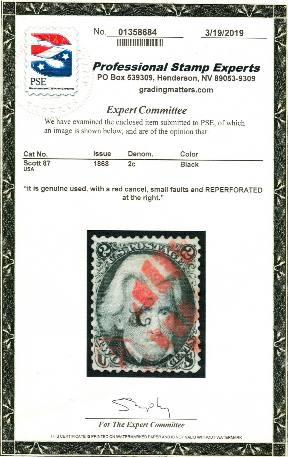 US 87 1868 2c Jackson Used Reperf with PSE Cert. KP-149 - Image 4