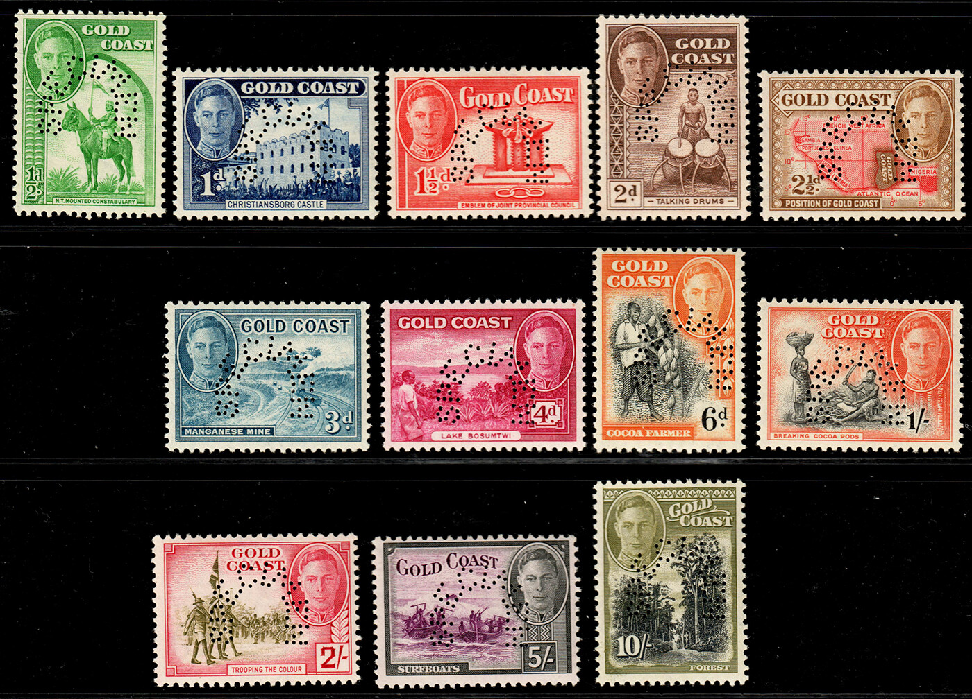Gold Coast #130S-141S (12) 1948 1/2p-10sh SPECIMEN Set VF MNH (CV $570)