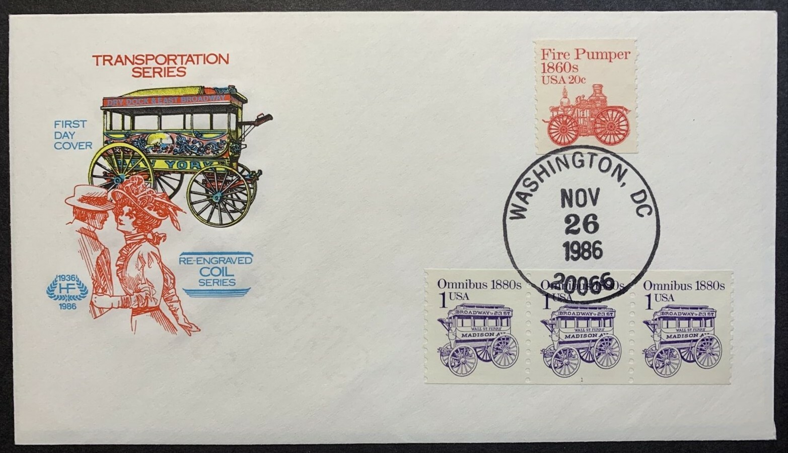 US #1897/1908 FDC 1/20c Omnibus/Fire Pumper . H. Farnam11/26/86 Re-Engraved - Image 3