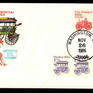 US #1897/1908 FDC 1/20c Omnibus/Fire Pumper . H. Farnam11/26/86 Re-Engraved