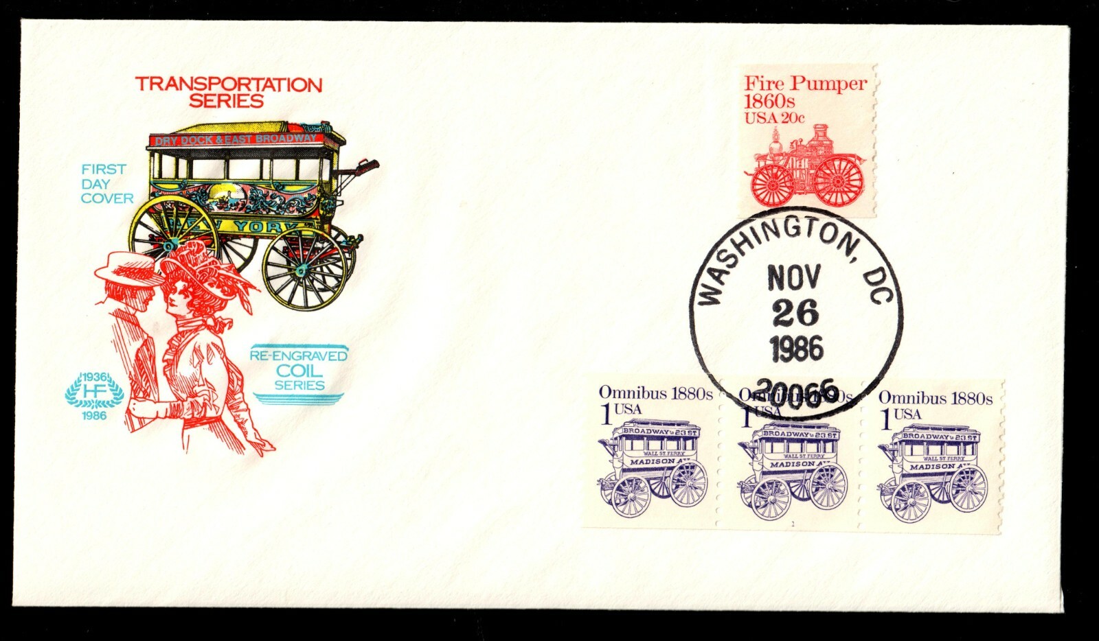 US #1897/1908 FDC 1/20c Omnibus/Fire Pumper . H. Farnam11/26/86 Re-Engraved