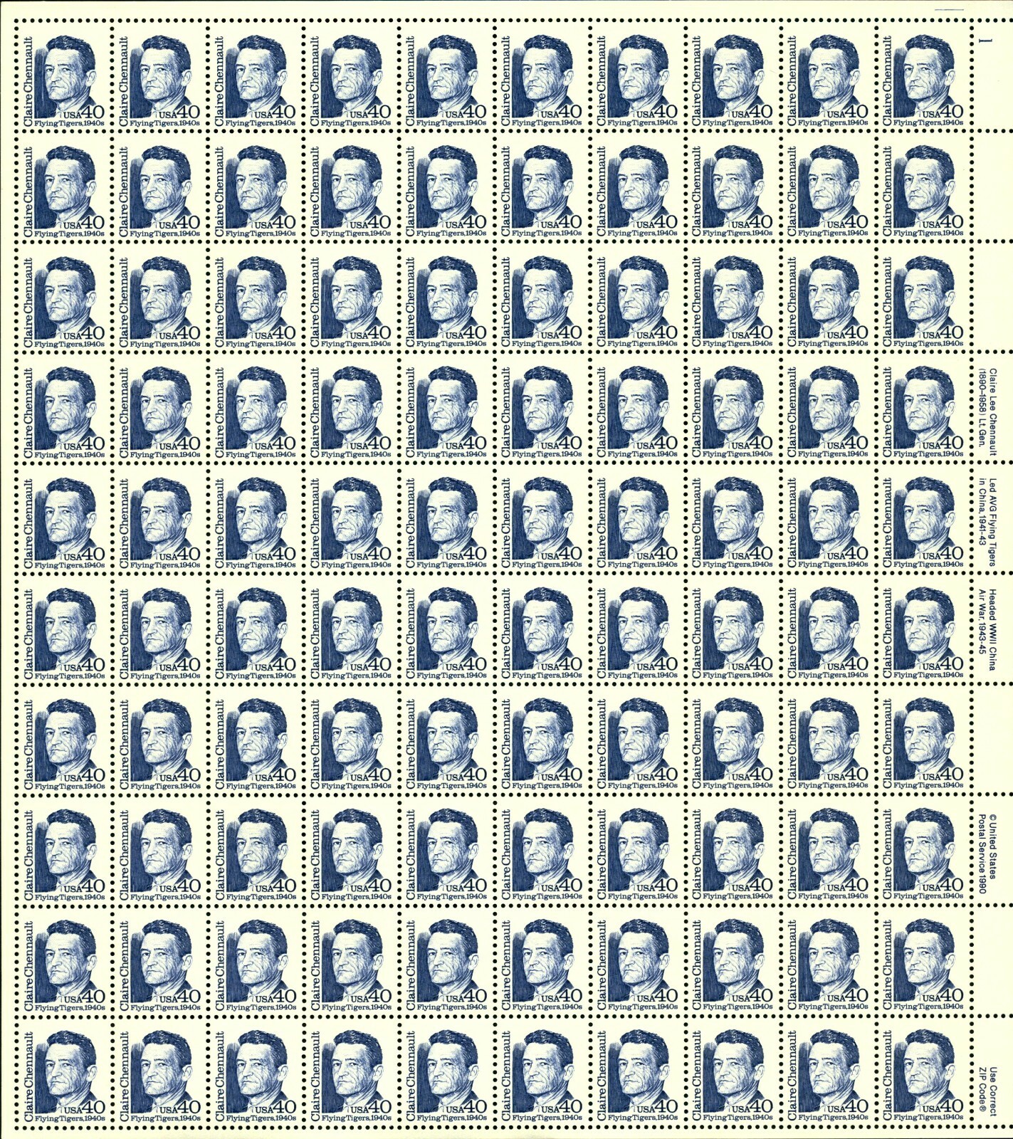 US 2187/a/av 1992 40c Claire Chennault Tagging Varieties Sheets (3) MNH VF-XF