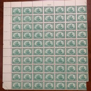 US #548 Pilgrim "Mayflower" Full Sheet of 70/SE. MNH Fine (CV $630 as Singles)