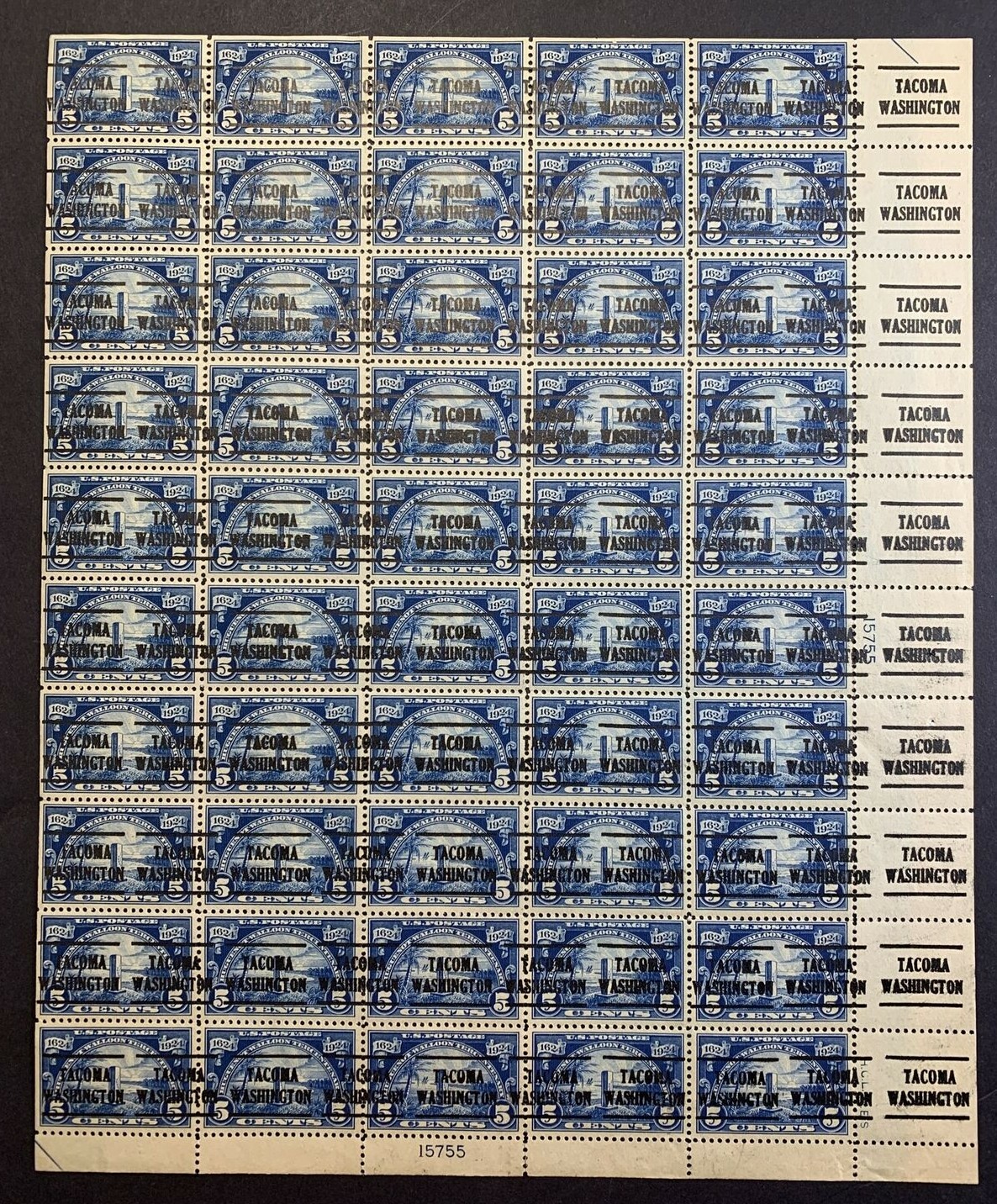 US #616 1924 5c Huguenot-Walloon Sheet. Precancel *Tacoma, WA* OG (CV $3K MNH) - Image 3