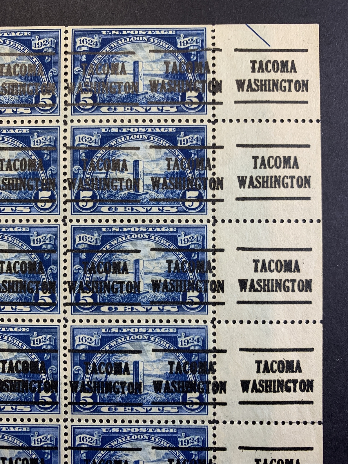 US #616 1924 5c Huguenot-Walloon Sheet. Precancel *Tacoma, WA* OG (CV $3K MNH) - Image 6