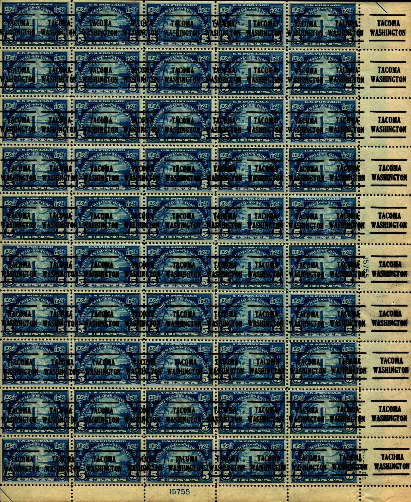 US #616 1924 5c Huguenot-Walloon Sheet. Precancel *Tacoma, WA* OG (CV $3K MNH)