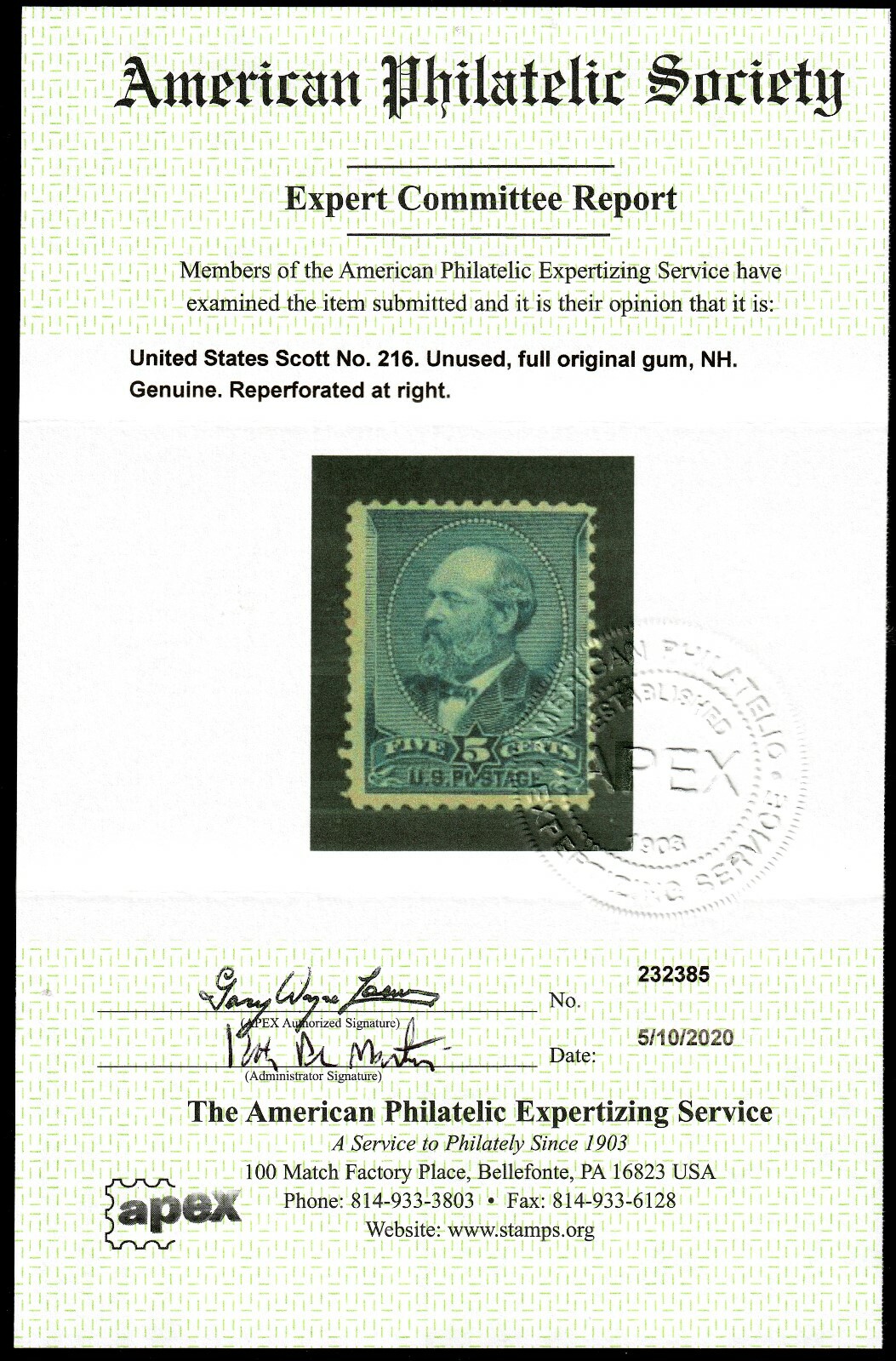 US #216 1888 5c Garfield Unused OG NH Reperfed at Right, APEX Cert - Image 4