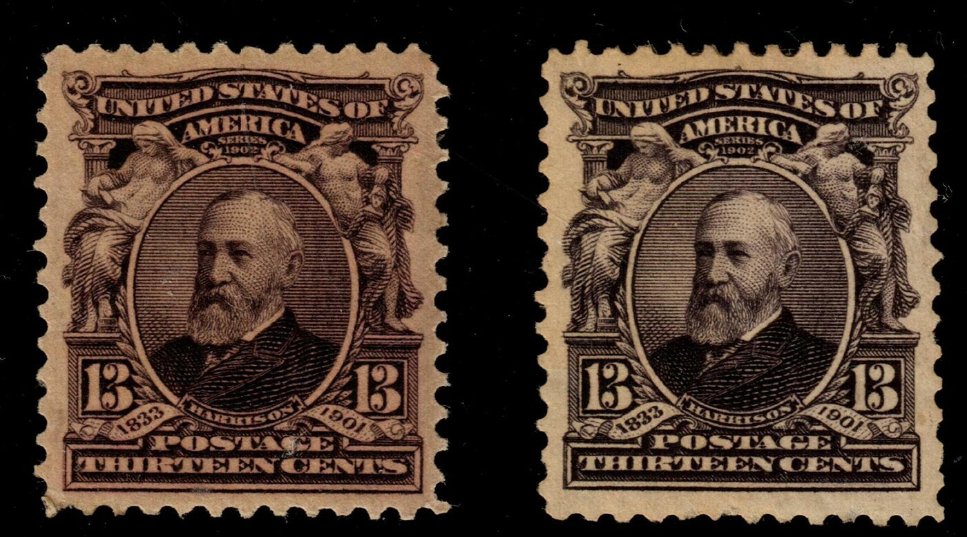 US 308 1902 13c Harrison Two Shades Mint OG PH. KP-190