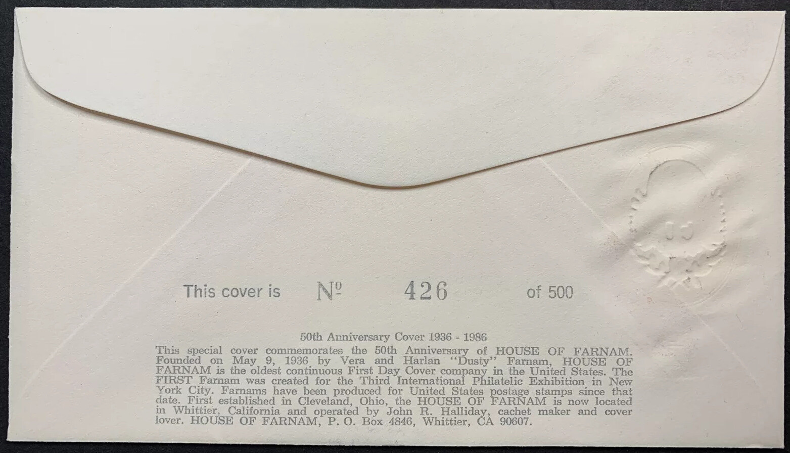 US #778+2145 FDC TIPEX & AMERIPEX Unsealed Flap. HF 50th Anniv. Limited #426/500 - Image 3