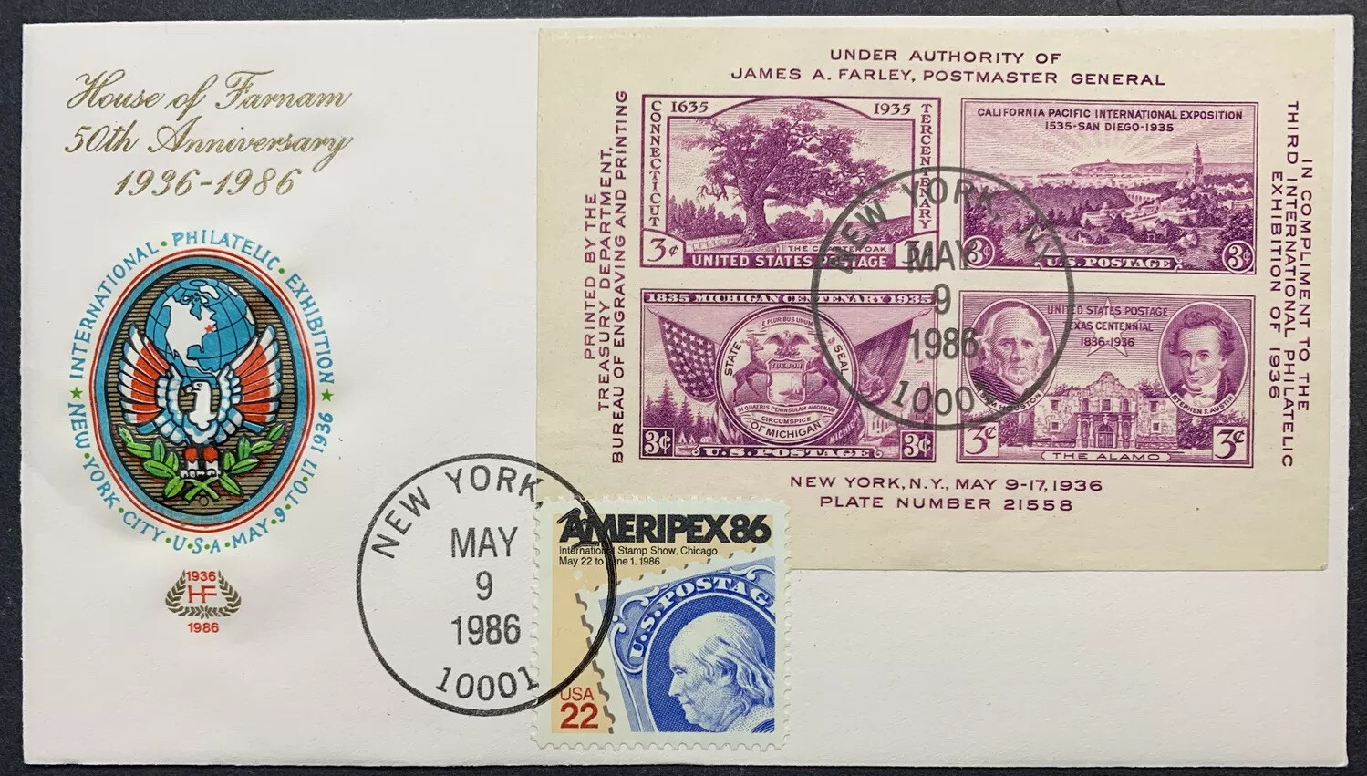 US #778+2145 FDC TIPEX & AMERIPEX Unsealed Flap. HF 50th Anniv. Limited #426/500