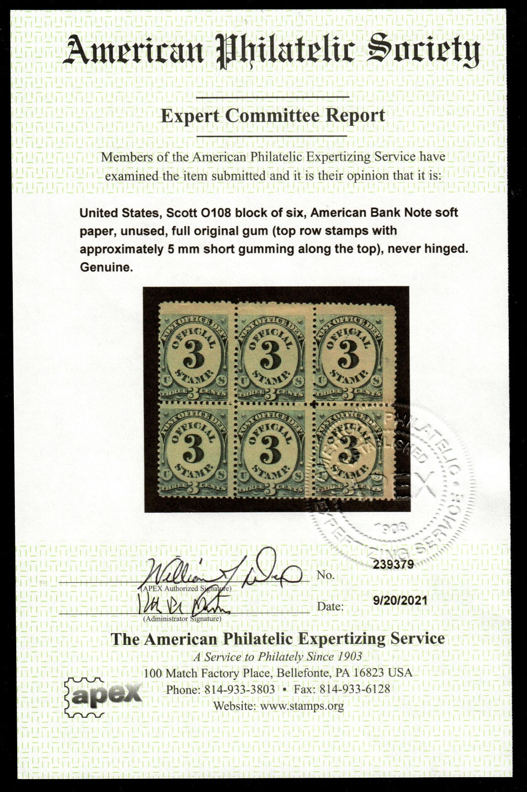 US #O108 1c 1879 Officials. Block of 6 MNH APEX Certificate CV $420 - Image 12