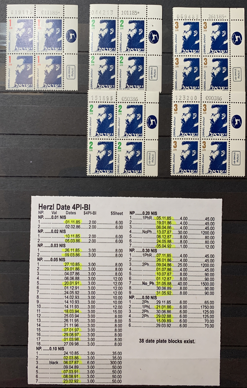 Israel #583-590 Stand-By Dr. T. Herzl PB4 (41) with Varieties. MNH VF (BCV $236)