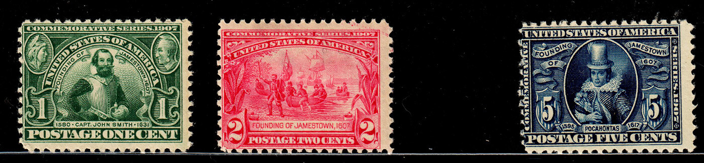 US #328 MNH, #329 H,#330 MNH Jamestwon Expo, Perf 12 (SCV $450 F-VF)