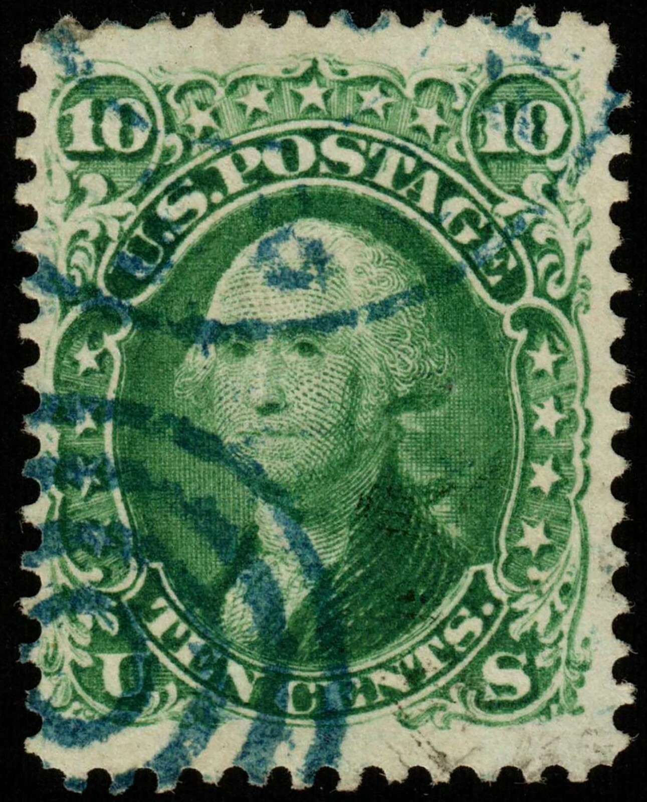 US 68 1861 10c Washington With Blue Cancels F-VF. KP-151