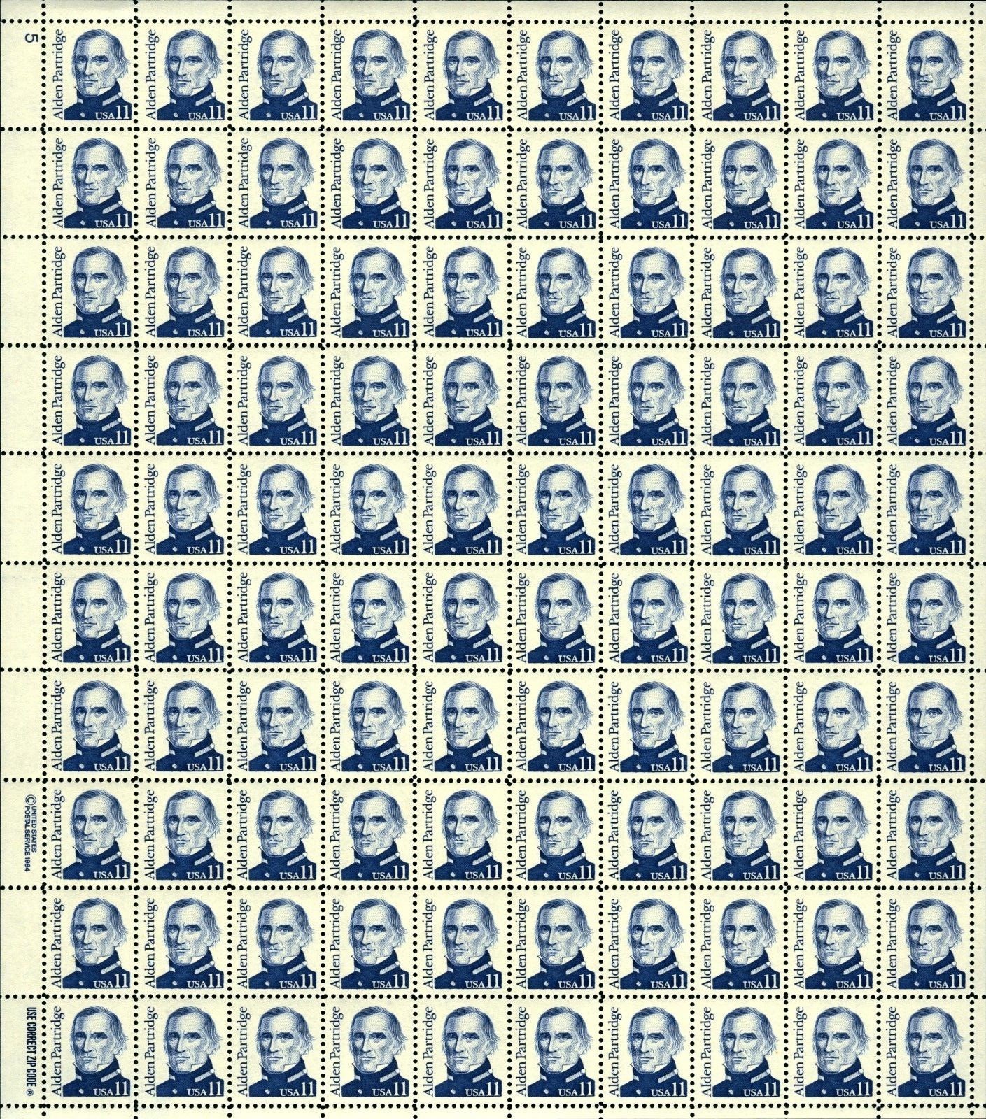 US #1854 11c Alden Partridge Sheet MNH VF+ (CV $65 F-VF)