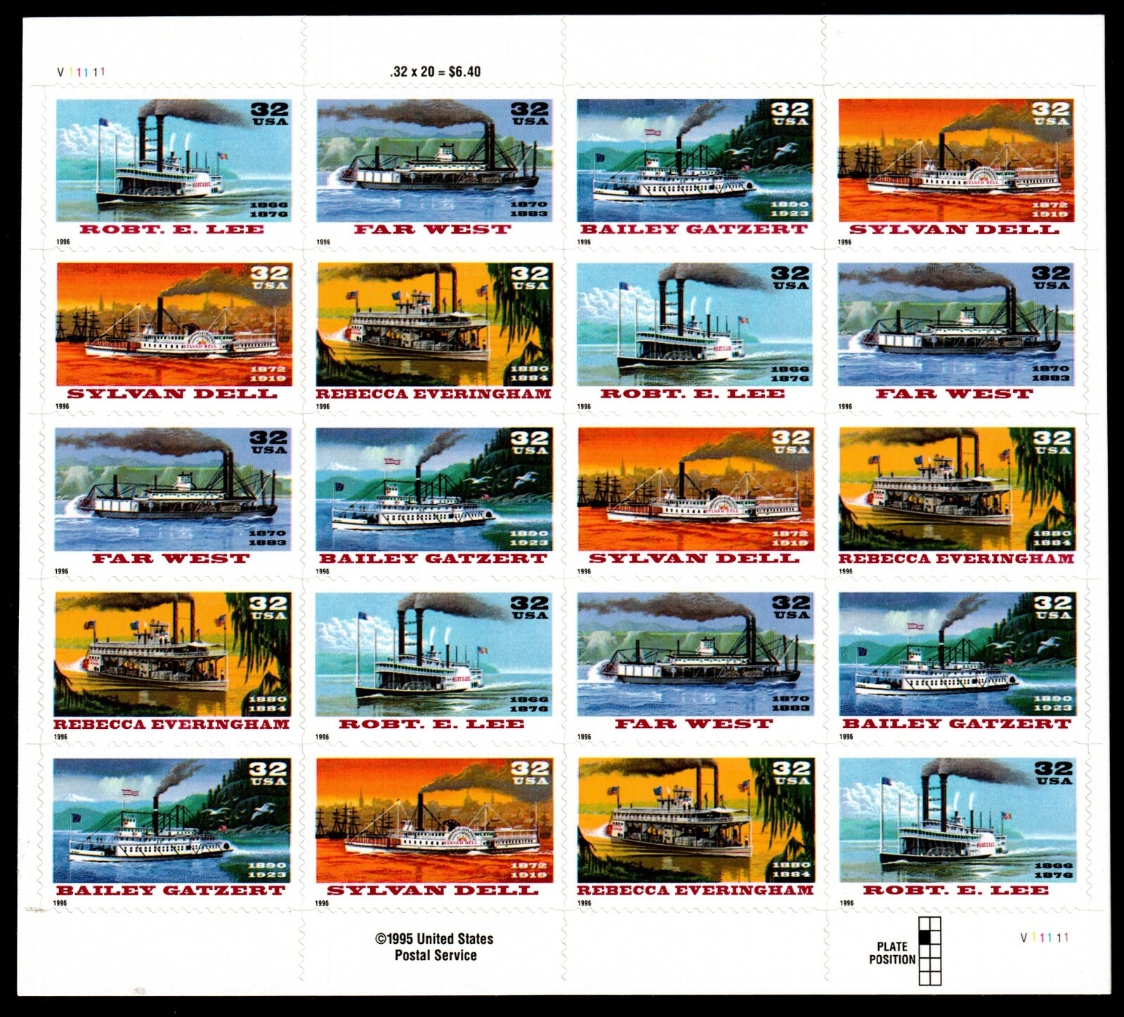 US #3095b 32c Riverboats Sheet SPECIAL DIE CUTTING. MNH VF-XF (CV $260) - Image 3