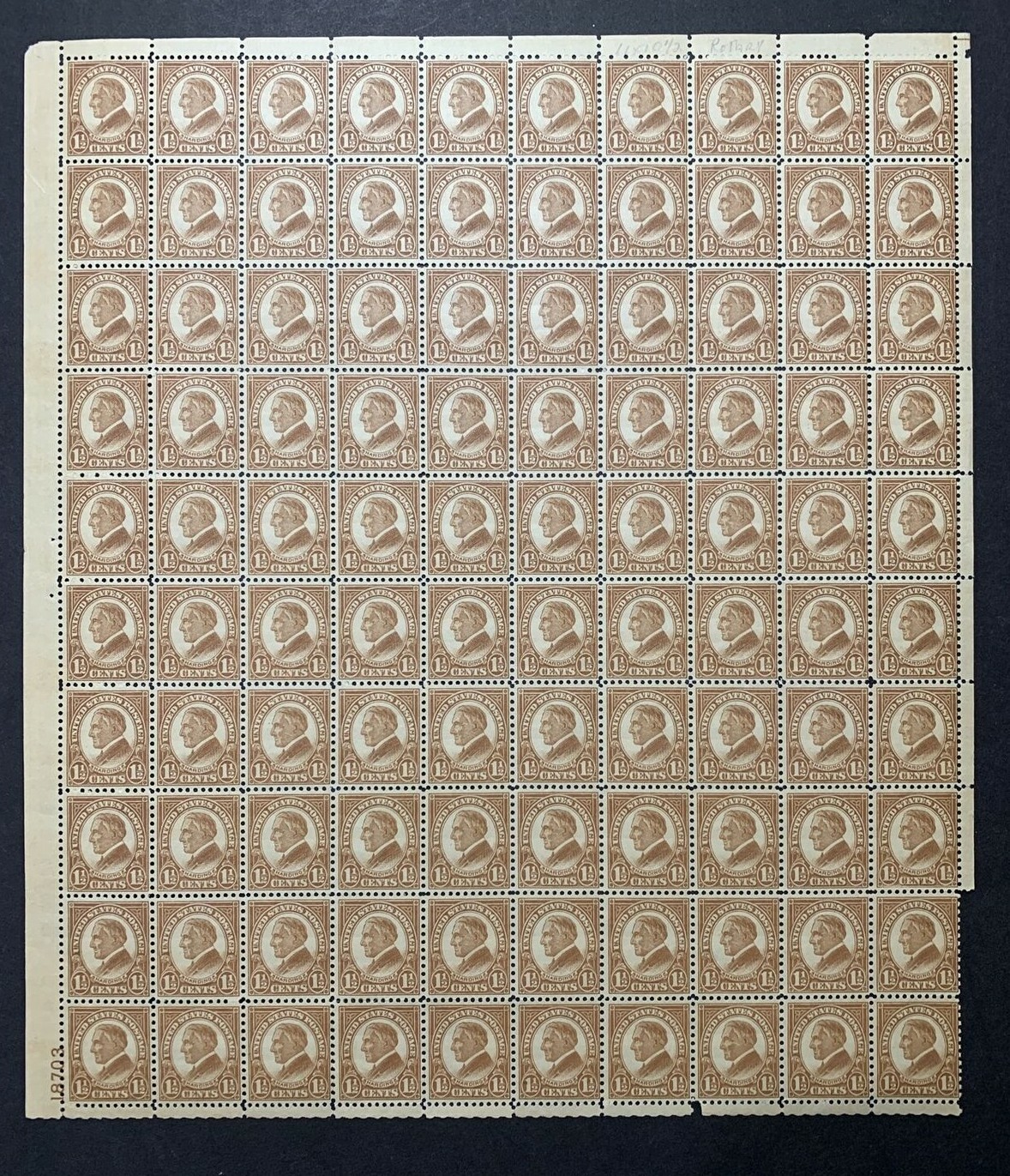 US #633 1 1/2c Harding Full Sheet of 100. MNH Fine (BCV $475)